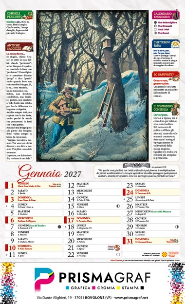 Pagina di gennaio del calendario: capanno per uccelli nel bosco innevato