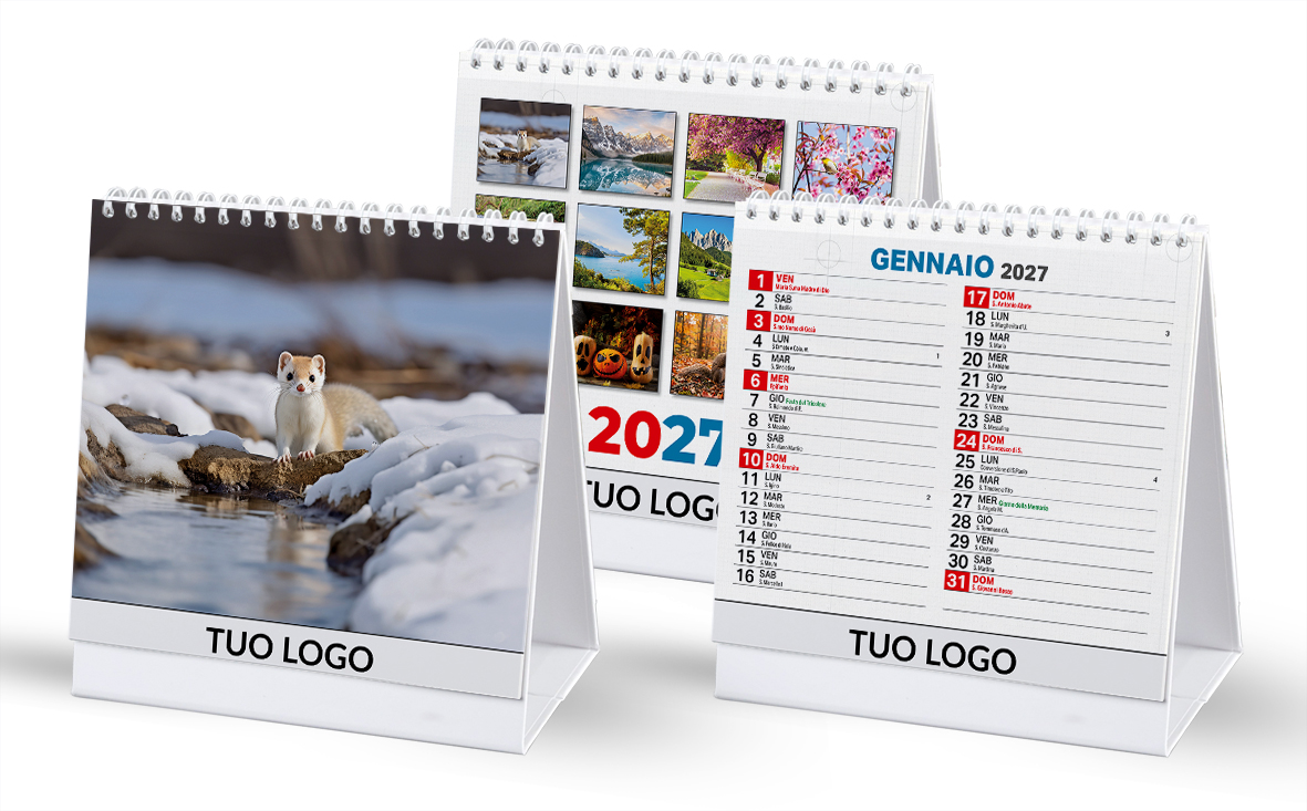 Mockup del calendario Stagioni compatto: copertina, fotografia invernale e pagina di gennaio 2027