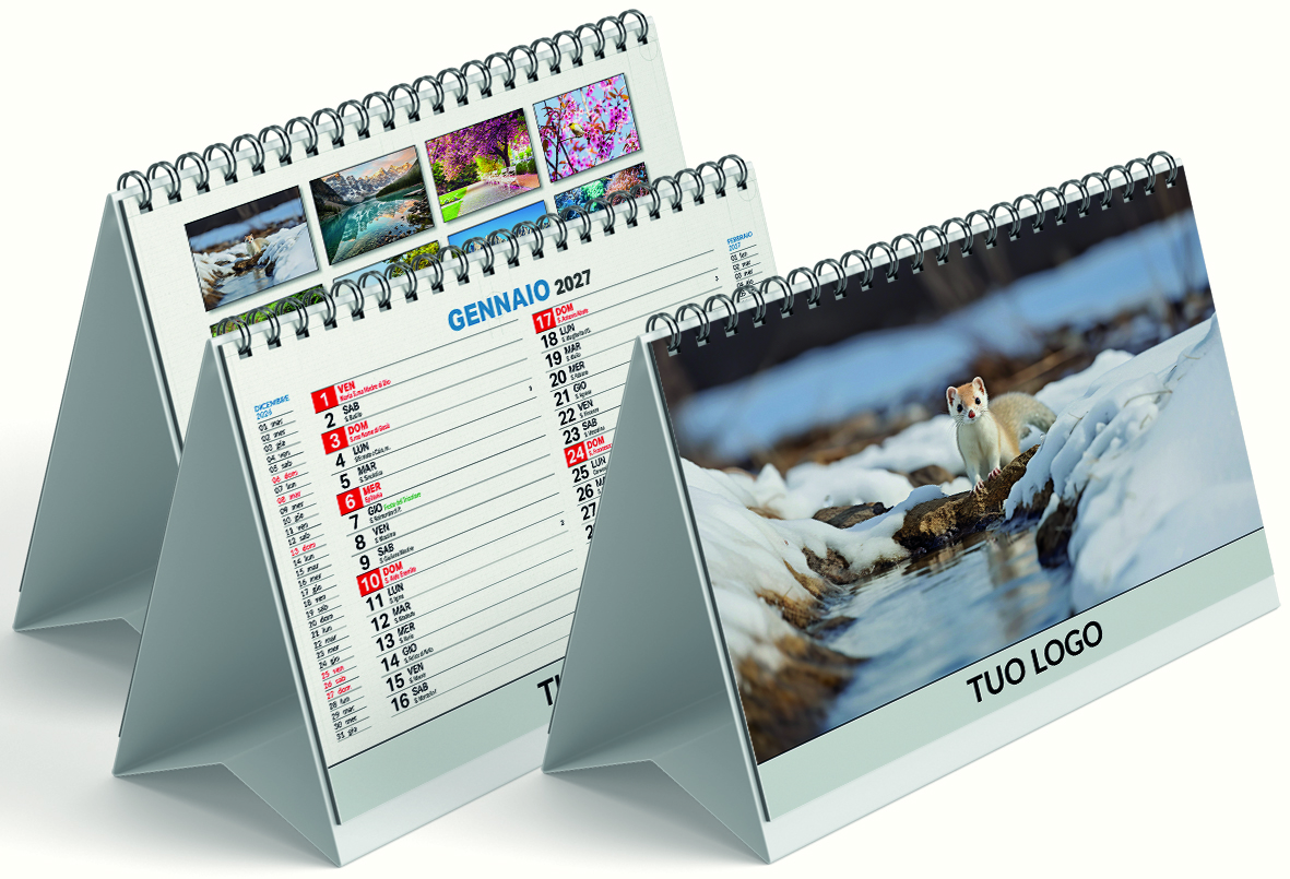 Mockup del calendario Stagioni orizzontale, con fotografie della natura e calendario 2027