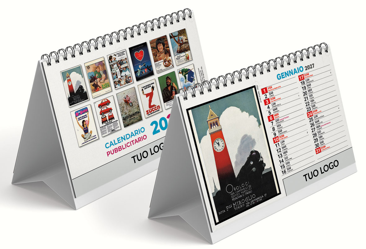 Mockup del calendario Pubblicità: copertina con manifesti pubblicitari e pagina di gennaio 2027